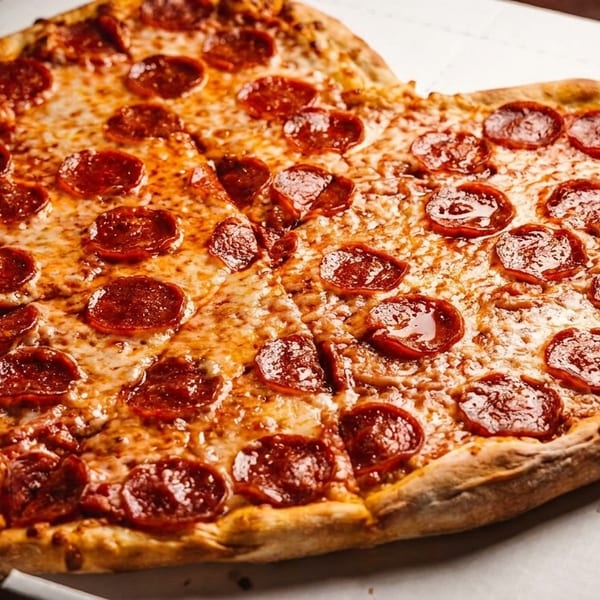 Heart-shaped pepperoni pizza with melted cheese, sliced and ready to eat in a white pizza box.