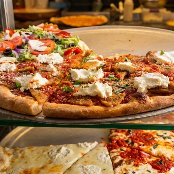 Two large pizzas, one with ricotta and tomato sauce, the other with salad toppings, in a display case.