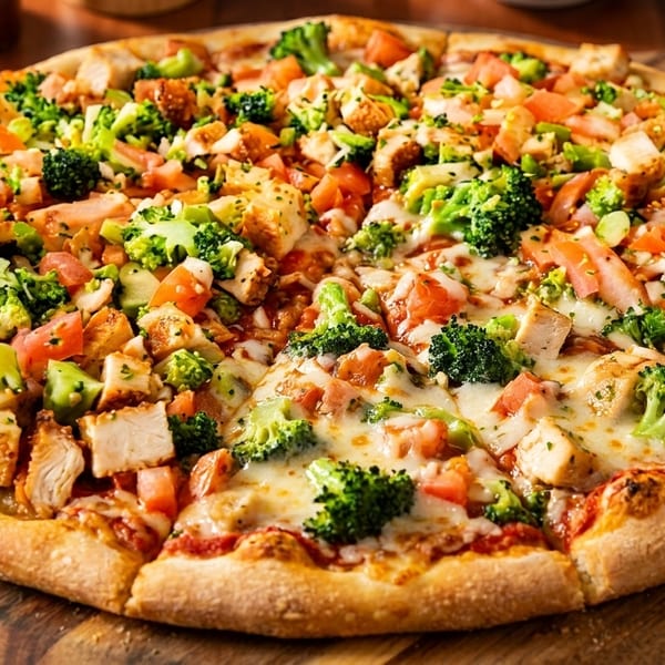 A whole chicken and broccoli pizza with melted cheese and diced tomatoes on a wooden board.
