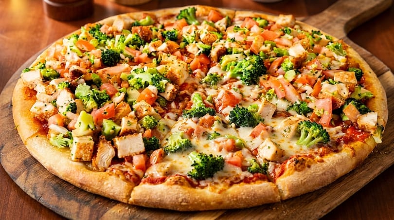 A whole chicken and broccoli pizza with melted cheese and diced tomatoes on a wooden board.
