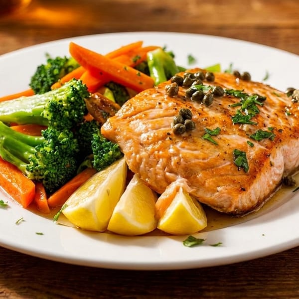 Grilled salmon with capers, parsley, lemon wedges, steamed broccoli, and carrots on a white plate.
