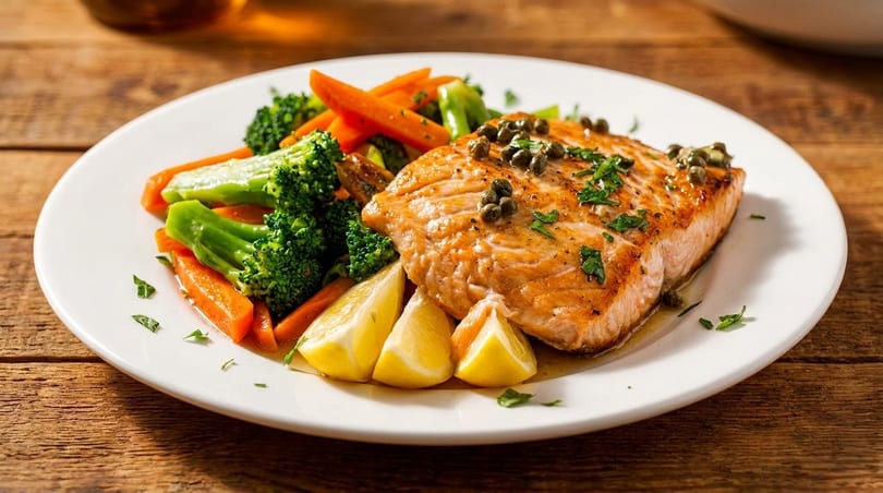 Grilled salmon with capers, parsley, lemon wedges, steamed broccoli, and carrots on a white plate.