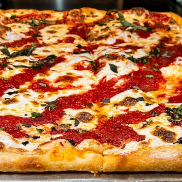 A rectangular Sicilian pizza with melted mozzarella, red sauce stripes, and fresh basil on a metal tray.
