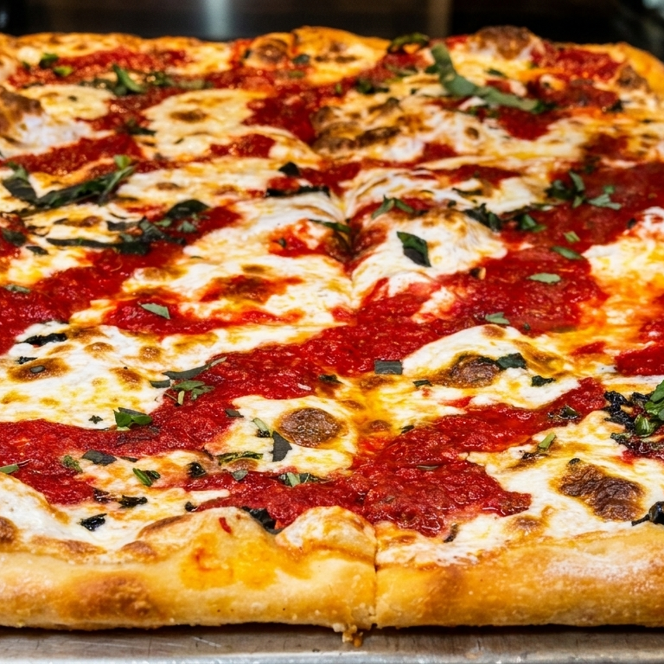 A rectangular Sicilian pizza with melted mozzarella, red sauce stripes, and fresh basil on a metal tray.