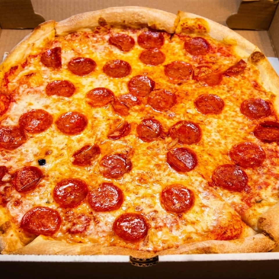 A freshly baked pepperoni pizza, generously topped with cheese, sits in an open cardboard box.