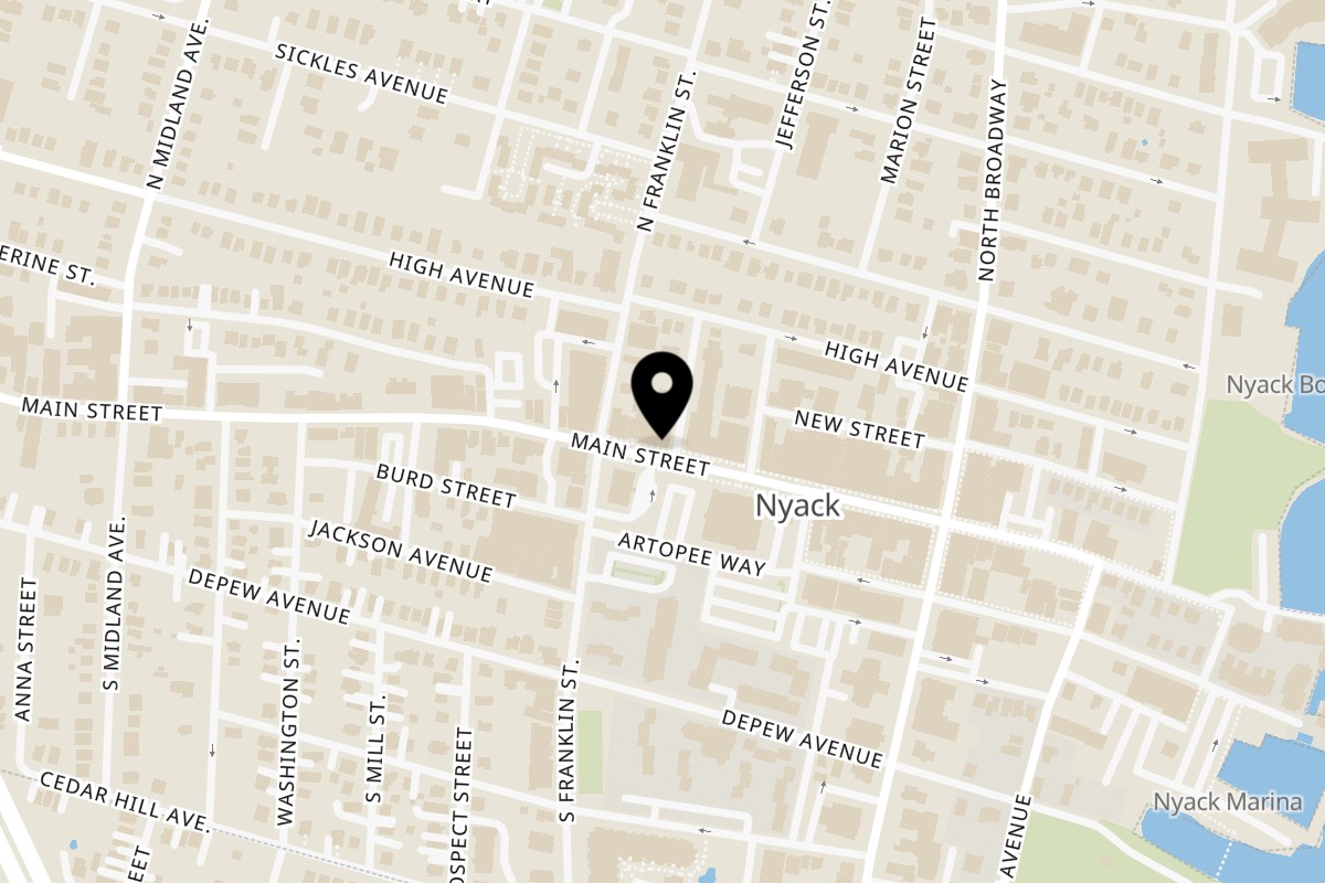Map showing the location of Tarantella Pizzeria on 128 Main St in Nyack